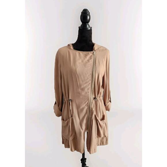 Love Tree Womens Jacket Large Beige Zip Rolled Tab Sleeve Gather Waist Pockets - Picture 1 of 9